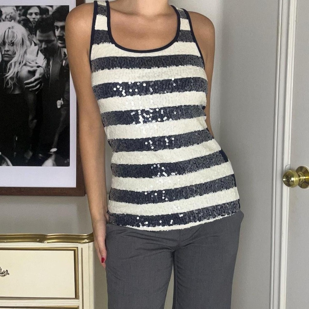 00s navy and white striped sequin tank top